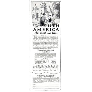 1924 Munson SS Lines Cruise to South America Vintage Print Ad Colonial Wall Art
